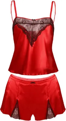 Produktbild von Kurzer Satin-Pyjama für Damen mit Spitzenausschnitt - Kurzer Satin-Pyjama mit Spitze - DKaren Zala - Rot