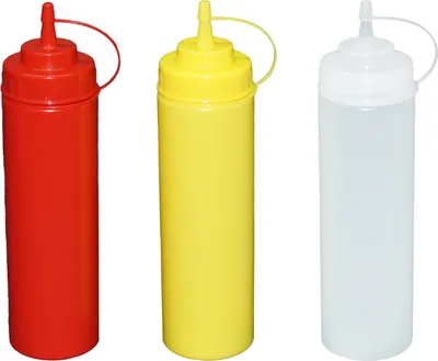 Produktbild von Je 1 Stück rot, gelb, transparente Quetschflaschen 0,76 Liter Dosierflasche Spenderflasche Dressingflasche
