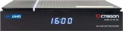 A black satellite receiver with a digital display showing the time.