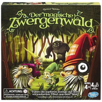 The image shows the box art for a board game called 'Der magische Zwergenwald' (The Magical Dwarf Forest). It features cartoon-like illustrations of gnomes and a large ape in a forest setting.