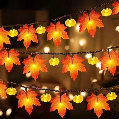 Produktbild von Deko Lichtschnur, Kürbis, Ahornblatt, Eicheln, Thanksgiving, Halloween, 3 Meter, 20 LED-Leuchten, Herbstgirlande, innen, im Freien, Herbstdekoration