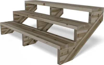 Zdjęcie produktu dla Schody tarasowe z drewna sosnowego impregnowanego ciśnieniowo w kotle; schody z stopniami; schody z podłużnicami  Rozmiar: 3 stopnie; szerokość: 150 cm