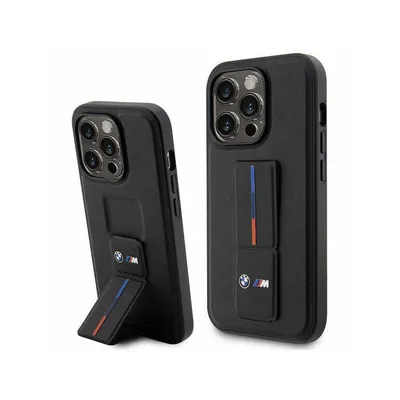 Two black iPhone cases shown from different angles against a white background. One case is standing upright, and the other is propped up by its integrated stand.