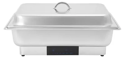 Obrázek produktu pro Elektrický ohřívač na bufet – Chafing Dish – 9 l, 3 přihrádky, dotykový displej, 35–90 °C, nerezová ocel – stříbrná