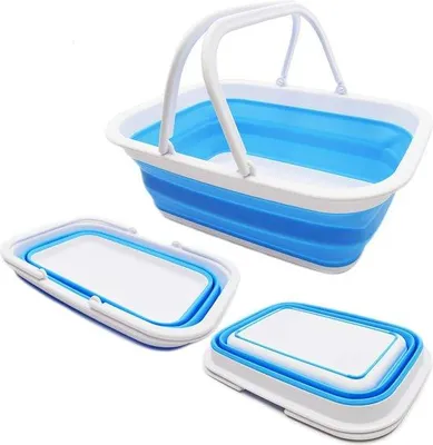 Produktbild von Unyqoos® Faltbare Aufbewahrungsbox 9,2 L – tragbarer Picknickkorb & Einkaufstasche mit Doppelgriffen, BPA-frei, faltbar 38,6×29,5×13,9 cm (6 cm), Weiß/Marineblau