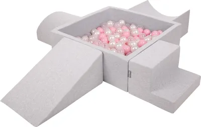Zdjęcie produktu dla KiddyMoon piankowy plac zabaw ppzp-kw30d-115 z piłeczkami jasnoszary: pudrowy róż-perła-transparent basen 300/klin l/rampa l/półwałek l/schodek zabawka plac zabaw