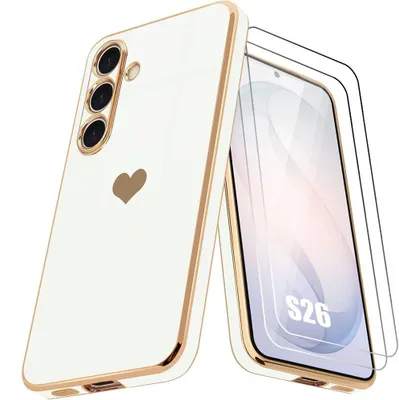 Image de Coque + 2 Verres Trempés pour Samsung Galaxy S26, Protection Silicone Motif Cœur Anti-Rayure Blanc
