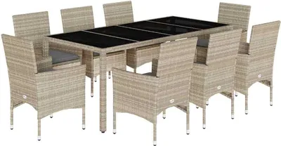 Produktbild von vidaXL 9-tlg. Garten-Essgruppe mit Kissen Hellgrau Poly Rattan & Glas