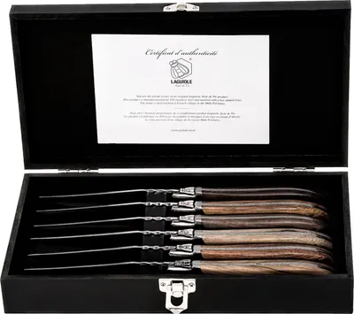 Obrázek produktu pro STEAKOVÝ NŮŽ Z LAGUIOLE "MIXED WOOD" | 6 druhů dřeva | 6 nožů v pouzdře