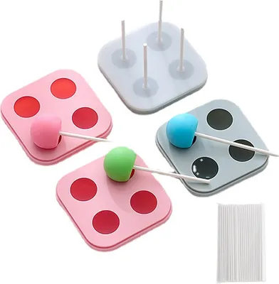 Produktbild von CANDeal 4er-Pack Lollipop-Formen-Set mit Deckeln, Silikonkugel-Hartbonbon-Saugerformen mit 100 Papier-Lollipop-Stäbchen, runde 3D-Bonbon-EIS-Schokoladen-Kuchen-Pop-Formen mit Deckel