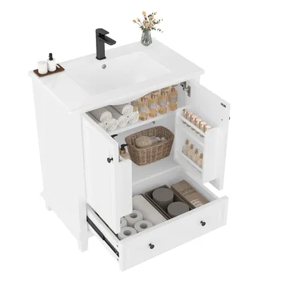 Produktbild von Mreax Waschbeckenunterschrank mit Schublade, 2 Türen mit Einlegeböden, Badezimmerschrank mit Massivholzbeinen, 76x46x87cm, Weiß