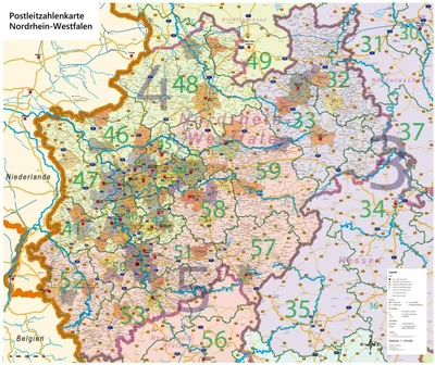 Produktbild von XL Postleitzahlenkarte von Nordrhein-Westfalen, NRW, Wandkarte mit Laminierung