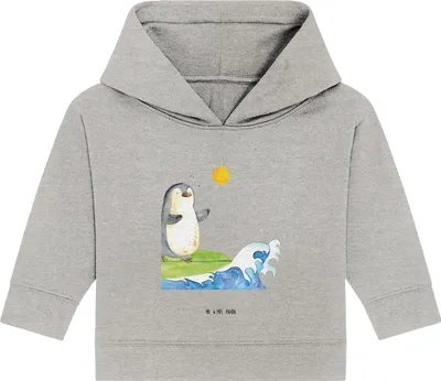 Produktbild von Mr. & Mrs. Panda Organic Baby Hoodie Pinguin Surfer 12. - 18. Monat - Heather Grey - Geschenk, Motiviert, Kapuzenshirt, Hawaii, Portugal, Optimistisch, Urlaub, Pinguine