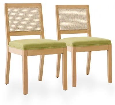 Immagine prodotto di Set di 2 poltrone da pranzo in lino, con seduta in vimini "alla viennese" e struttura in legno naturale, color verde oliva