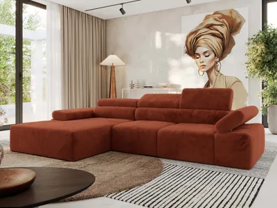 Produktbild von MKS MEBLE L-form Ecksofa RILASSO mit Relax-Funktion, verstellbare Kopfstützen - Orange Plüsch - Links