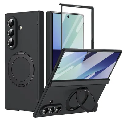 Produktbild von Magnetische Hülle für Samsung Galaxy Z Fold 7, mit Displayschutzfolie, Scharnierschutz mit Ringhalter und Ständer Schwarz