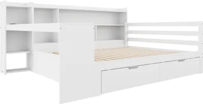 Immagine prodotto di okwish Divano letto Letto in legno 140x200 cm Letto da giorno con contenitore, scrivania, libreria e ripiani, lettino per bambini Letto per ragazzi con presa di corrente, legno massello, bianco, con materasso