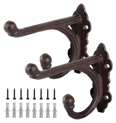 Produktbild von 2er Set Vintage Wandhaken aus Gusseisen mit Schrauben - Antike Kleiderhaken, 13x4x10 cm, für platzsparende Dekoration in Landhausstil (schwarz)