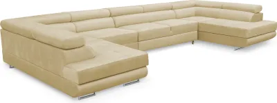 A large, U-shaped sectional sofa in a light beige color is shown against a white background.