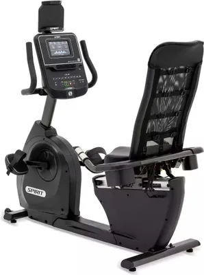 A black recumbent exercise bike is shown against a white background.