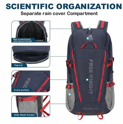 Obrázok produktu pre Turistický batoh 45L, vodotesný, modrý, pre turistiku, pláštenka, 40L cestovná taška