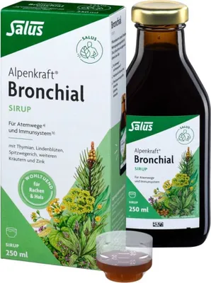 A box and bottle of Salus Alpenkraft Bronchial Sirup, along with a measuring cup filled with the syrup.