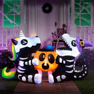 Aufblasbares Halloween-Skelett Einhorn & Dino, 1,8 m, mit LED