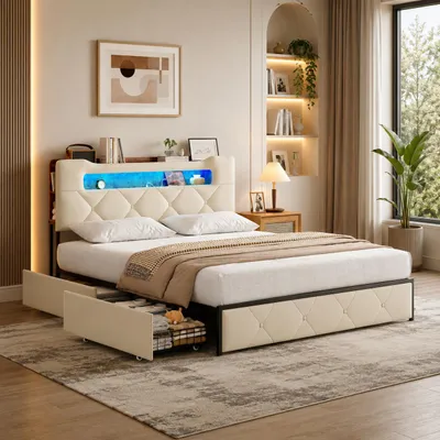 Productafbeelding van INONEFT Gestoffeerd bed 140x190 cm met LED-verlichting en USB-aansluitingen, 4 lades, een-persoonsbed voor jongeren met opbergruimte in het hoofdeinde, bekleed met flanellen stof, kleur beige, AI-gegenereerde afbeelding