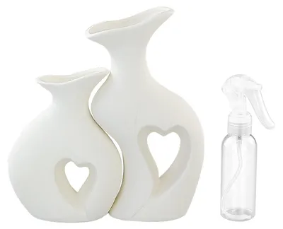 2 Herzvasen aus Keramik, weiß, mit Sprühflasche, für Wohnzimmer