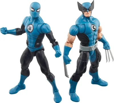 Two action figures, Spider-Man and Wolverine, are shown against a white background.