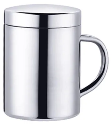 Produktbild von Edelstahl-Kaffeebecher mit Deckel und Henkel, doppelwandiger, robuster und bruchsicherer Camping-Reisebecher