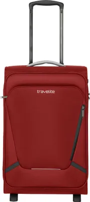 A red Travelite trolley suitcase with a retractable handle.