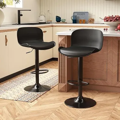 Image de Ensemble de 2 tabourets de bar, réglables en hauteur, avec repose-pieds, en similicuir, couleur noire
