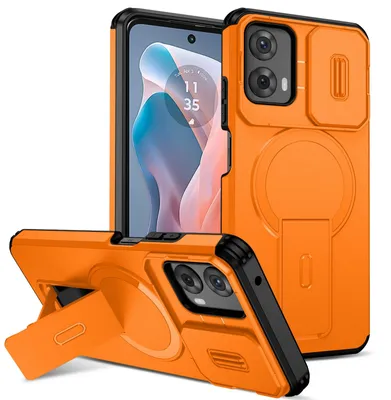 Obrázek produktu pro Magnetické pouzdro pro Motorola Moto G 2024, dvouvrstvé odolné pouzdro s posuvnou ochranou fotoaparátu a nastavitelným stojánkem Oranžová