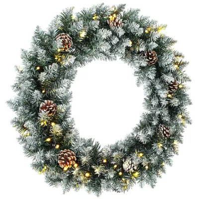 Obrázok produktu pre Vianočný veniec, 60 cm, s LED osvetlením, 50 LED diód, zdobený šiškami, umelý sneh (zelená farba)