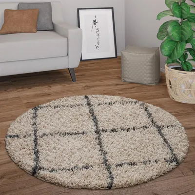 Produktbild von Hochflor Teppich Rund Wohnzimmer Moderner Shaggy Langflor Skandi Rauten Grösse 200 cm Rund