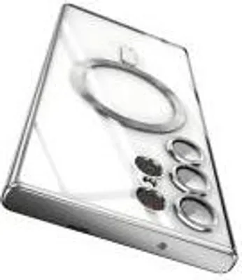 A clear, angled shot of a silver and clear phone case.