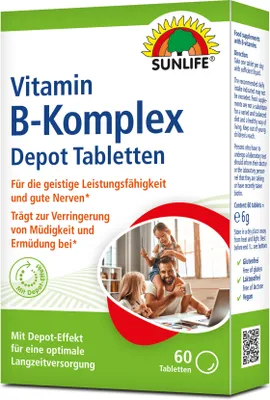 Produktbild von SUNLIFE® Vitamin B-Komplex Depot Tabletten 60 Stk Energiestoffwechsel Langzeitversorgung Energie Nervensystem + Aminosäuren & Vitamin B1 B2 B6