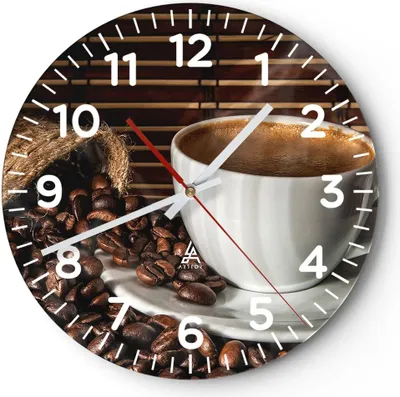 Produktbild von Wanduhr - Rund - Glasuhr - Aroma Kaffee Getreide - 30x30cm - Schleichendes Uhrwerk - Lautlos - zum Aufhängen bereit - Dekoration Modern - Wanddekoration aus Glas - C4AR30x30-2382