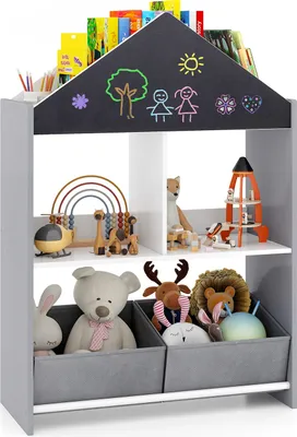 Produktbild von DREAMADE Kinder Bücherregal, Holz Puppenhaus Bücherregal mit Tafel, Whiteboard, Ablagefächern und 2 Stoffschubladen, Bücherund Spielzeug-Organizer