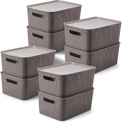 Obrázok produktu pre 14-litrová plastová úložná skriňa s vekom, sada 8 zásuviek v ratanovom vzhľade do kuchyne, šatníka alebo skrine – sivá / 39 x 27 x 17 cm