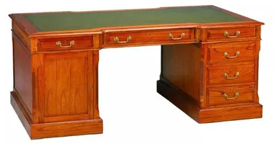 Produktbild von Casa Padrino Luxus Schreibtisch Hellbraun / Echtleder Grün 190 x 105 x H. 79 cm - Massivholz Antik Stil Sekretär mit 6 Schubladen