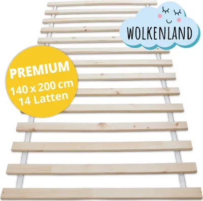 A wooden bed slatted base is shown against a white background.
