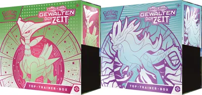 Two Pokemon TCG Top Trainer Boxes, one green and one blue, are shown side-by-side against a white background.