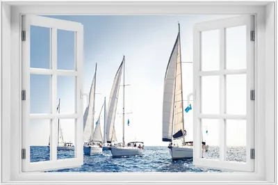 Produktbild von Wallario Wandbild mit Fenster-Illusion: Segelschiff auf dem Meer, Größe: 61 x 91,5 cm, Poster mit weißem Aluminiumrahmen