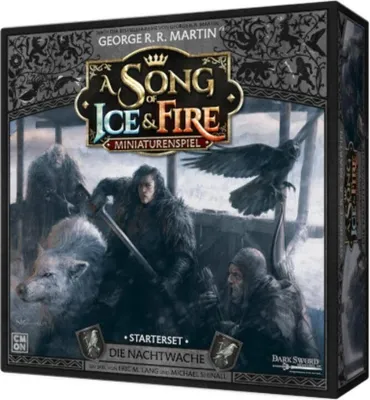 A box for a board game titled 'A Song of Ice & Fire: Miniaturespiel - Die Nachtwache Starterset'. The box art depicts several figures in fur cloaks, a wolf, and a raven in a snowy, outdoor setting.