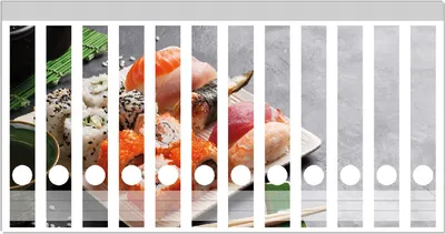 Produktbild von Wallario Ordnerrücken Sticker, selbstklebend für schmale Ordner, 12 Stück, Motiv Sushi-Menü mit grünem Tee