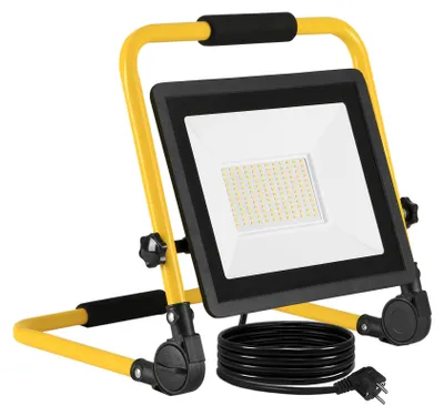 Obrázok produktu pre LED projektor LARS360, 100W, studená biela, 6000–6500K, s nastaviteľným stojanom a 3-metrovým sieťovým káblom, pracovné osvetlenie vhodné do dielne, garáže a na stavby