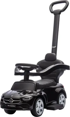 A black Mercedes Benz ride-on car with a parent push handle, displayed against a white background.