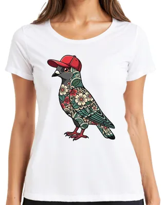 Immagine prodotto di T-shirt da donna, bianco, taglia M, con motivo: colomba con berretto da baseball, fiori di ciliegio, stile giapponese, urbano, anni 2000